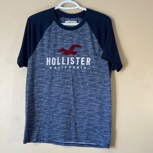 Hollister Raglan Tee in Navy and Heathered Blue with Red Logo